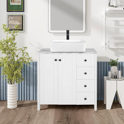 32" White Bathroom Vanity with Marble Texture Top and 4 Drawers, Modern Standing Pedestal Cabinet Without Sink