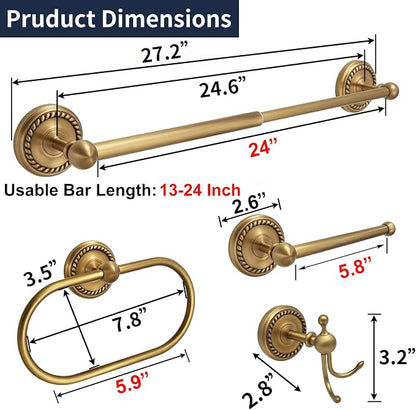 Antique Brass 4-Piece Bathroom Hardware Set Adjustable Towel Bar 13-24" | Vintage Gold Towel Bar, Oval Towel Ring, Toilet Paper Holder, Robe Hook, Towel Racks for Bathroom Wall Mounted Accessories