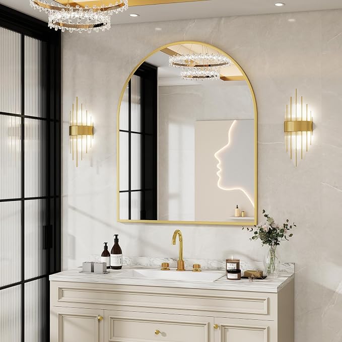 BEAUTYPEAK 32"x42" Arch Bathroom Wall Mirror, Gold | Wall Mounted Vanity Metal Frame Mirror for Bedroom, Entryway, Living Room, Fireplace