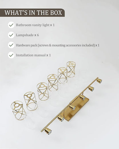 6-Light Brushed Gold Bathroom Light Fixtures Over Mirror, 42" UL-Listed Modern Wall Sconce Lights with Clear Glass and Metal Cage for Bath, Hardwire E26, CH9176BG-6W