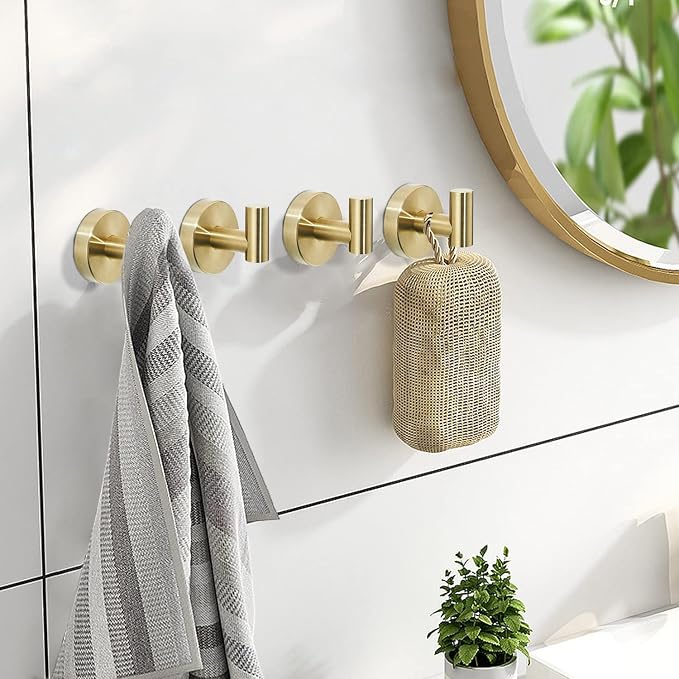 Brushed Gold Bathroom Hardware Set, Gold Toilet Paper Holder Towel Ring and 4 Robe Hooks Hand Towel Holder Bathroom Accessories Kit Wall Mount Stainless Steel, 6 Pieces