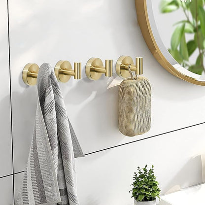Brushed Gold Bathroom Hardware Set, Gold Toilet Paper Holder Towel Ring and 4 Robe Hooks Hand Towel Holder Bathroom Accessories Kit Wall Mount Stainless Steel, 6 Pieces