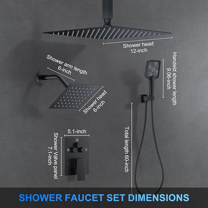Shower Faucet Set, 12" Ceiling Mount Rainfall Shower System with 12'' Top Head+6'' Side Head and Multi-function Handheld Head Push Button Diverter Shower Faucet Trim Kit (12", Matte Black)