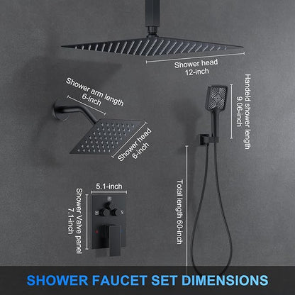 Shower Faucet Set, 12" Ceiling Mount Rainfall Shower System with 12'' Top Head+6'' Side Head and Multi-function Handheld Head Push Button Diverter Shower Faucet Trim Kit (12", Matte Black)