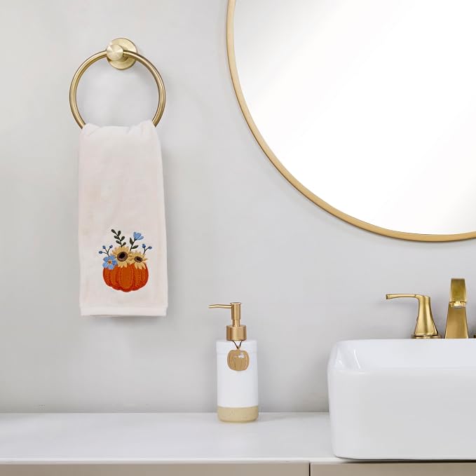 SKL Home Fall/Thanksgiving Pumpkin Bouquet Hand Towel Set-2pc, Natural | 100% Cotton. Soft, embroidered velour. For use in the bathroom, kitchen or bar & gifting.