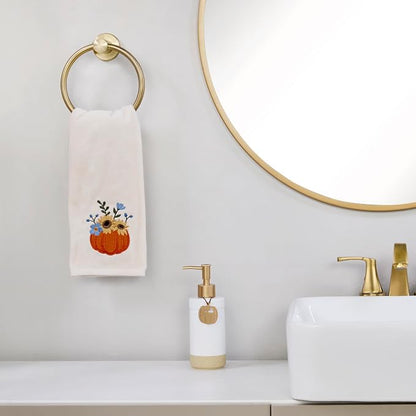 SKL Home Fall/Thanksgiving Pumpkin Bouquet Hand Towel Set-2pc, Natural | 100% Cotton. Soft, embroidered velour. For use in the bathroom, kitchen or bar & gifting.