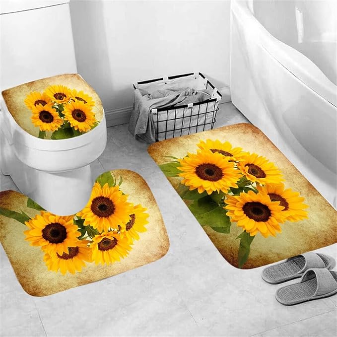 AZHM Sunflower Shower Curtain Sets with Rugs 4 Piece Flower Floral Decor for Bathroom Toilet Bathroom Mat, Curtain and 12 Hooks