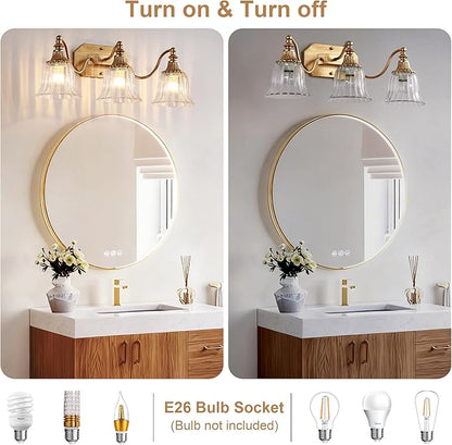 Gold Vintage Bathroom Light Fixtures, 3-Lights Bathroom Vanity Light, Antique Brushed Gold Lighting Fixtures Over Mirror with Crystal Glass Shade, Wall Sconce Lighting