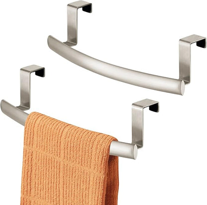 mDesign Steel Over Door Curved Towel Bar Storage, Hanger for Cabinet or Cupboard, Holder Rack for Kitchen, Bathroom - Holds Hand/Dish Towels, Washcloths - Spira Collection - 2 Pack - Satin