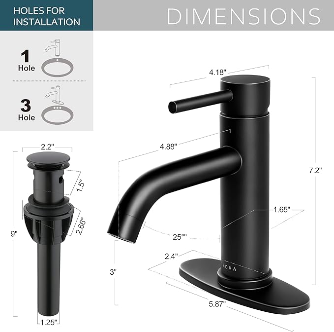 Bathroom Sink Faucet Single Handle Stainless Steel Lavatory Commercial Bathroom Faucet Bathtub Vanity Faucets with Deck Plate & Pop-Up Drain Assembly Fit for 1 & 3 Hole, Matte Black
