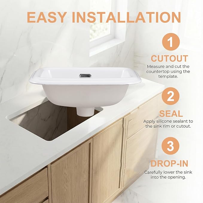 Bathroom Vessel Sink 18 Inch Small Drop In Bathroom Sink Rectangular Semi Recessed Sinks with Overflow White Ceramic Small Vanity Sinks for Tiny Bathrooms