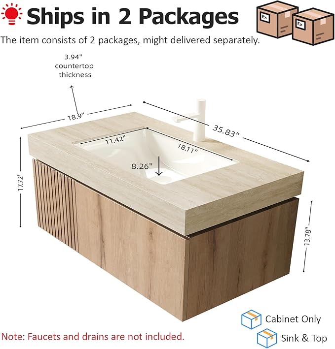 Ambrovina 36 inch Bathroom Vanity with Sink, Wall Mounted Storage Vanities with Drawer and Door, Roma Travertine-Pattern Countertop and Ceramic Basin, Pre-Assembled Cabinet, Light Wooden Color
