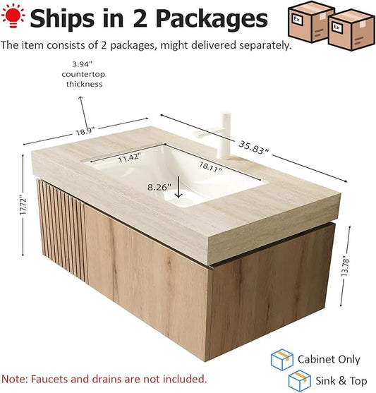 Ambrovina 36 inch Bathroom Vanity with Sink, Wall Mounted Storage Vanities with Drawer and Door, Roma Travertine-Pattern Countertop and Ceramic Basin, Pre-Assembled Cabinet, Light Wooden Color
