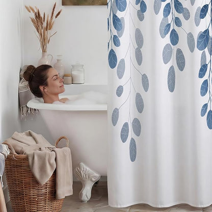 No Hook Floral Shower Curtain with Liner, Blue, 71x74 | Snap in Liner, 3 in 1, Water Repellent, Easy Install, Machine Washable, Hotel Style for Bathroom, Watercolor Pattern