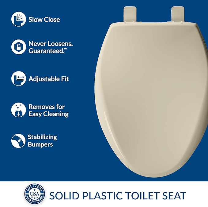 Bemis Aurora Slow Close Toilet Seat, Easy Clean Hinges and Adjustable Perfect Fit Plastic Seat, Made in USA, Elongated, Bone