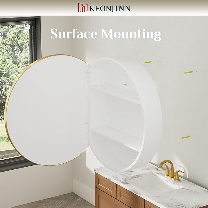 Keonjinn 24 x 24 Inch Round Medicine Cabinets for Bathroom, Gold Mirror Medicine Cabinet Wall Mounted, Modern Medicine Cabinet Surface Mount Only, Circle Framed Vanity Mirror with Storage