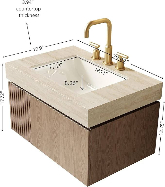 KEIKI 30 Inch Floating Bathroom Vanity with Sink, Light Brown & Beige | Modern Wall Mounted Storage Cabinet w/ Drawer & Door, Pre-assembled Wood Panels, Sintered Stone Top & Ceramic Basin Combo Set