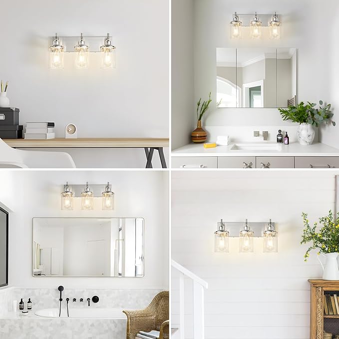 3-Light Brushed Nickel Bathroom Light Fixture Over Mirror Modern Bathroom Vanity Light Vintage Wall Lighting with Clear Glass Shade for Bathroom, Bedroom, Hallway, Cabinet