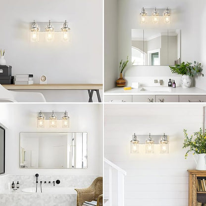 3-Light Brushed Nickel Bathroom Light Fixture Over Mirror Modern Bathroom Vanity Light Vintage Wall Lighting with Clear Glass Shade for Bathroom, Bedroom, Hallway, Cabinet
