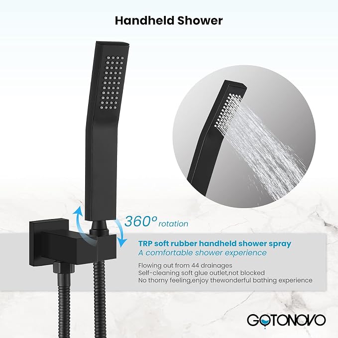 gotonovo Tub Shower Faucet Set with Valve Kit 10’’ Head,Matte Black | Shower System with Tub Spout,SUS304 Rain Head with Handheld Sprayer,Swivel Spout,All Metal,Rough-In Valve Trim Kit,Wall Mount