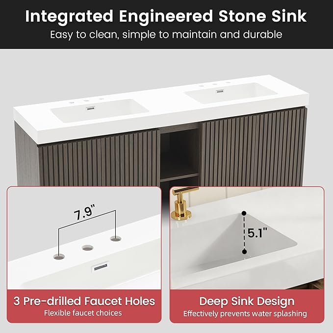 72" Bathroom Vanity with Double Sink, Freestanding Double Sink Bathroom Vanity with White Engineered Stone Top, Open Storage Cabinet & Adjustable Shelf, 4 Soft-Closing Doors, Smoked Oak Brown