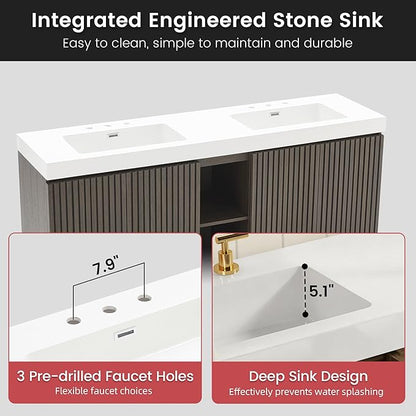 72" Bathroom Vanity with Double Sink, Freestanding Double Sink Bathroom Vanity with White Engineered Stone Top, Open Storage Cabinet & Adjustable Shelf, 4 Soft-Closing Doors, Smoked Oak Brown