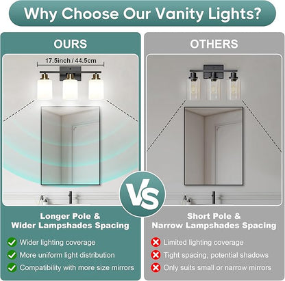 Ascher Bathroom Light Fixtures, 3-Light Vanity Light Over Mirror, Black and Gold Wall Sconces with Milky White Frosted Glass Shades, Wall Lamp for Living Room Bedroom, E26 Base(Bulbs Not Included)