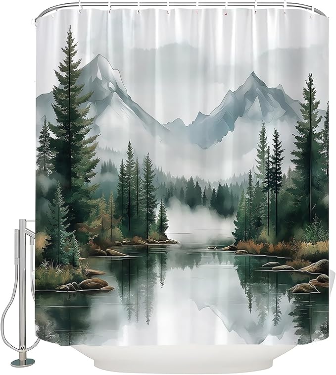 Green Misty Forest Shower Curtain Mountain Foggy Pine Trees Landscape Watercolor Jungle Plant Rustic Nature Scenery Lake Fabric Bathroom Curtain Set with Hook