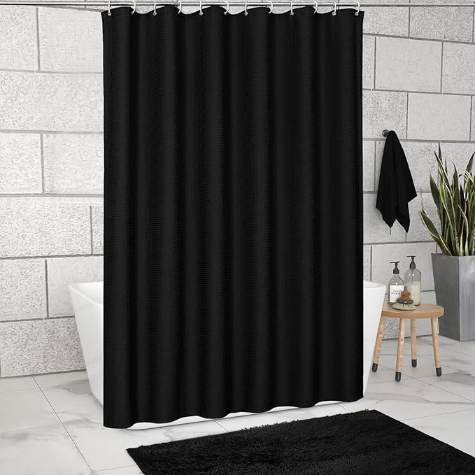 MitoVilla Black Waffle Fabric Shower Curtain, Heavyweight Hotel-Grade Cloth Shower Curtain for Modern Country Bathroom Decor, Waterproof & Wrinkle Resistant, 72 x 72