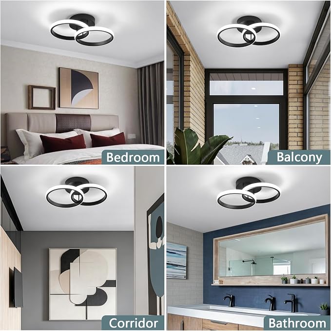 CANEOE Round Modern Led Ceiling Light Fixtures, 6000K Black Hallway Light Fixtures Ceiling, Bathroom Close to Ceiling Lights for Hallway Bedroom Corridor Aisle Ceiling Lamps (Black, 6000K, 1 Pack)