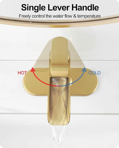 Waterfall Faucet, Brass Gold Bathroom Faucet 1 Hole, 1 Handle Bathroom Faucets for Sink 3 Hole (4 Inch) with Pop-up Drain, Hoses & Deck Plate