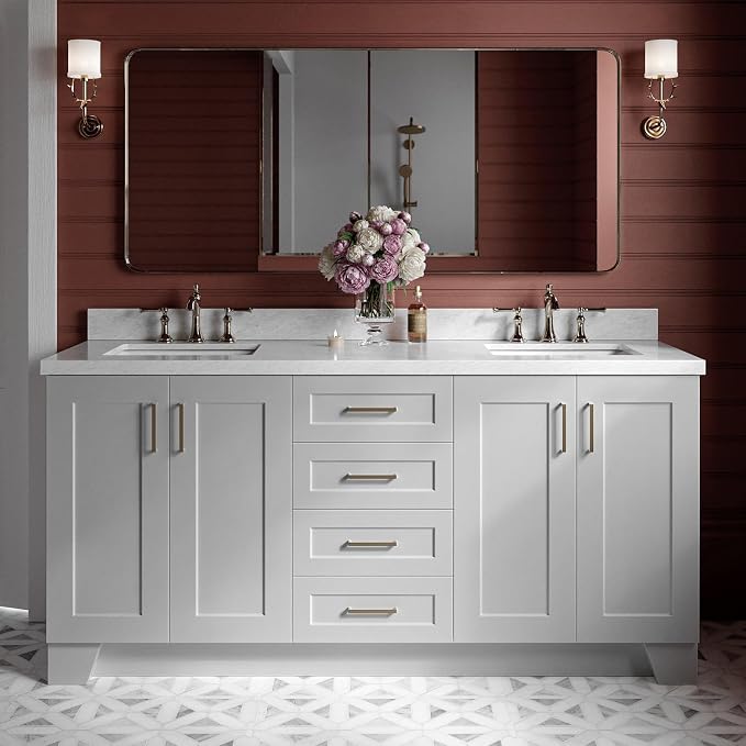 ARIEL Taylor 72-inch Bathroom Vanity with Sink,Solid Wood, 1.5-inch Italian Carrara Marble Countertop & Backsplash, Double Rectangular Porcelain Sink, 4 Soft Closing Doors, 6 Dovetail Drawers, Grey