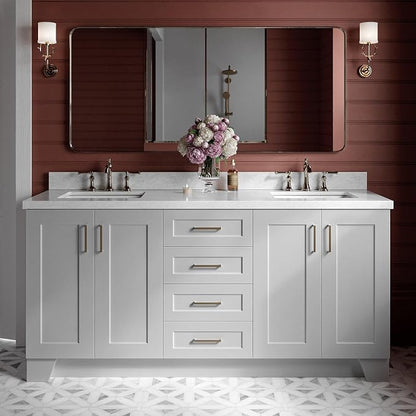 ARIEL Taylor 72-inch Bathroom Vanity with Sink,Solid Wood, 1.5-inch Italian Carrara Marble Countertop & Backsplash, Double Rectangular Porcelain Sink, 4 Soft Closing Doors, 6 Dovetail Drawers, Grey