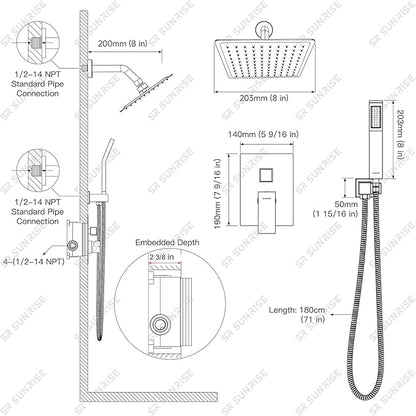 SR SUN RISE Shower System - Shower Faucet Set with 8 Inch Rain Shower Head and Handheld Shower - High Pressure Rain Shower System - All Metal Shower Faucet Trim Repair Kits - Polished Chrome