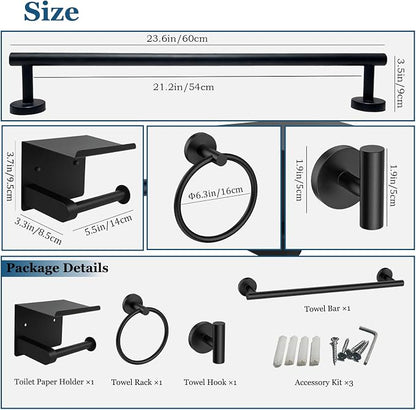4-Pieces Wall Mount Bathroom Hardware Set,23.6 Inch Towel Bar,Matte Black | Stainless Steel Bathroom Accessories Set,Waterproof Towel Bar ,Toilet Paper Holder with Shelf,Towel Ring,Coat Hook,Rectangle