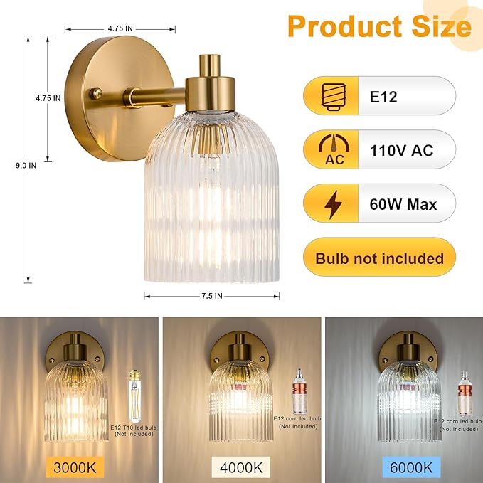 Gold Modern Wall Sconce Set of 2 Glass Bathroom Vanity Lighting Fixture Sconces Wall Lighting Brushed Indoor Wall Mounted Lamp for Living Room Bedroom Bathroom