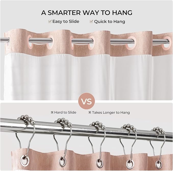 River Dream Linen Textured No Hooks Shower Curtain with Liner,Pink,71x74 | Mesh Top Window,with Snap-in Liner,Heavy Duty Fabric,Quick Dry,Bottom Magnets,Water-Repellent,Washable,Farmhouse Bathroom Set