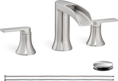 Brushed Nickel Bathroom Faucet 3 Hole, 4-8 Inch Waterfall Bathroom Sink Faucet Widespread with Drain & cUPC Supply Hose, 2 Handles for Vanity, Lavatory, Restroom, Brass Material, 10 Mins Install