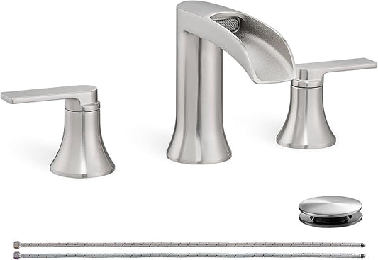 Brushed Nickel Bathroom Faucet 3 Hole, 4-8 Inch Waterfall Bathroom Sink Faucet Widespread with Drain & cUPC Supply Hose, 2 Handles for Vanity, Lavatory, Restroom, Brass Material, 10 Mins Install
