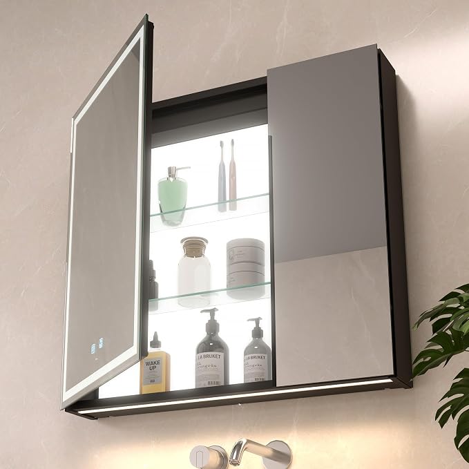 30x28 Inch Aluminum LED Bathroom Mirror Cabinet with Backlit Panel | Light Adjustment, Anti-Fog, Sockets&USBs, High Capacity, Easy to Install