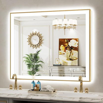 44x36 Inch LED Bathroom Mirror with Lights (Front Lit and Backlit) Gold Framed Lighted Vanity Mirror for Bathroom Wall Dimmable Anti-Fog Memory Tempered Glass Horizontal/Vertical