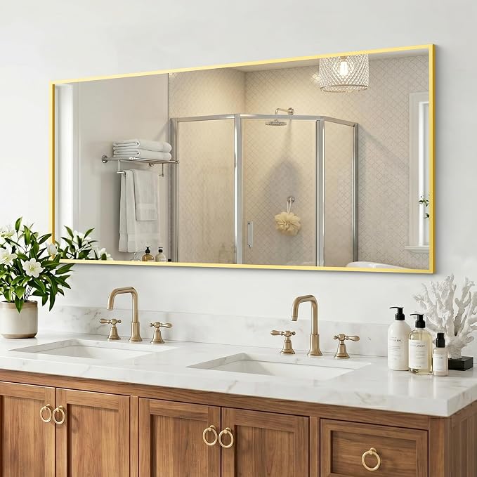 Bathroom Mirror for Wall, 55"x30" Gold Vanity Mirror | Sturdy Rectangular Metal Frame, HD Tempered Glass, Hangs Horizontally or Vertically in Bedroom, Living Room, Entryway