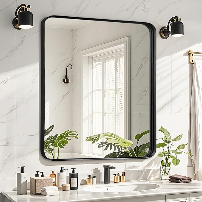 Fabuday Bathroom Mirror Wall Mounted - 26x28 Inch Framed Balck Mirrors for Bathroom Over Sink with Rectangle Frame, Black Matte Frame Vanity Mirrors for Bedroom, Restroom, Farmhouse, Entryway Decor