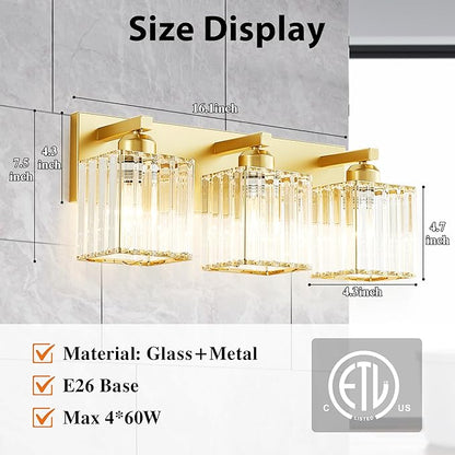 Bathroom Vanity Light Fixtures Over Mirror - Makeup Lighting Pure Gold - for Modern Wall, Bath, Desk, Farmhouse, Hallway 3 Crystal Lights