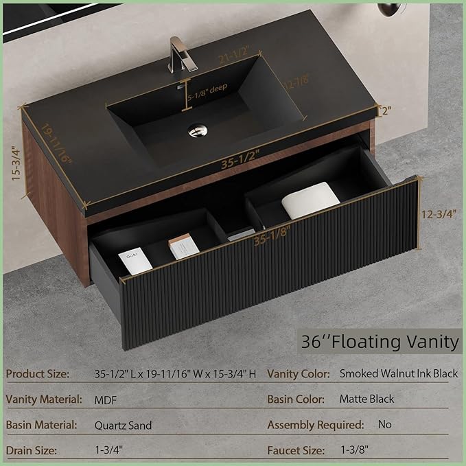 Wall Mounted Bathroom Sink Vanity, Modern 36" Floating Vanity with Resin Top Basin Sink and U-Shaped Soft-Close Storage Drawer, Striped Bathroom Storage Cabinet with Invisible Handle, Black