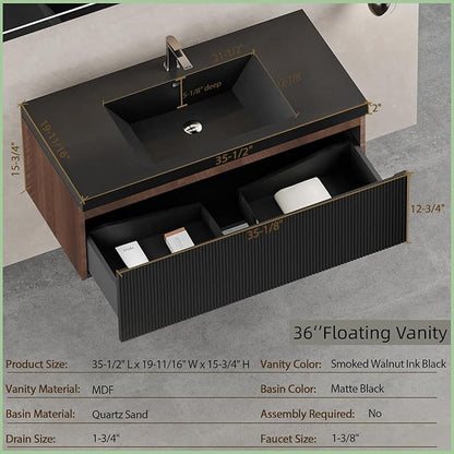 Wall Mounted Bathroom Sink Vanity, Modern 36" Floating Vanity with Resin Top Basin Sink and U-Shaped Soft-Close Storage Drawer, Striped Bathroom Storage Cabinet with Invisible Handle, Black