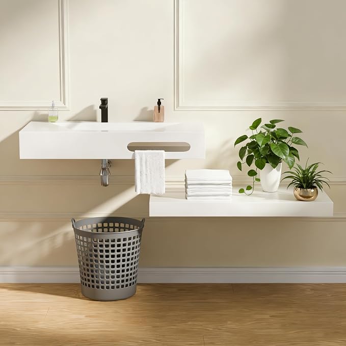 Wall-Mounted Resin Stone 36" Bathroom Sink, Seamless Integrated Vessel Sink with Sloped Design & Open Storage Shelf, Modern Floating Vanity for Bathrooms & Outdoor Spaces