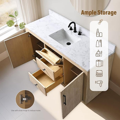 HOMEBEYOND 60" Bathroom Vanity with Single Sink & Ceramic Top, MDF Material Vanity Cabinet with Basin Combo, Soft-Closing Doors, Removable Shelf, Backsplash