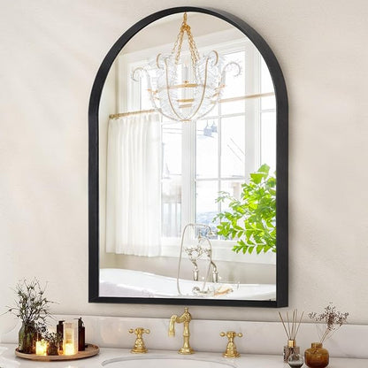 Black Arched Bathroom Wall Mirror Brushed Metal Vanity Wall Mounted Mirror for LivingRoom Bedroom Entryway Room vanity Home Decor 28"x20"