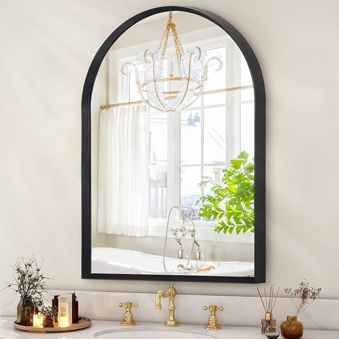 Arched Wall Mirror, 26"x18" Black Arch Mirror, Metal Frame Black Bathroom Mirror, Arched Vanity Mirror for Living Room Bedroom Mantel Entryway